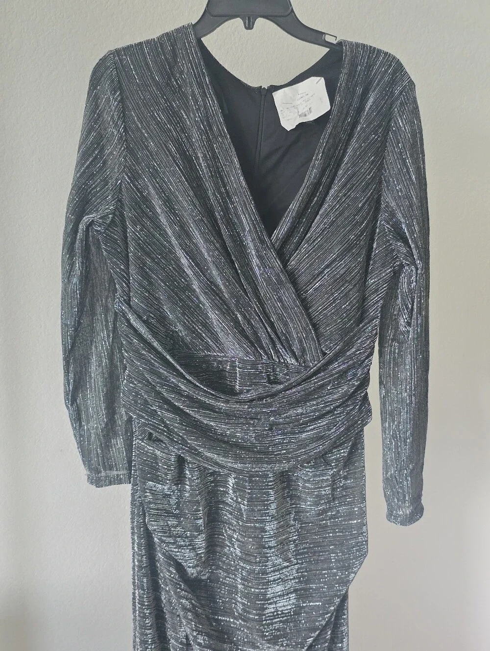 Betsy & Adam Metallic Silver Black Ruched Evening Gown Maxi Dress Size 16 $279